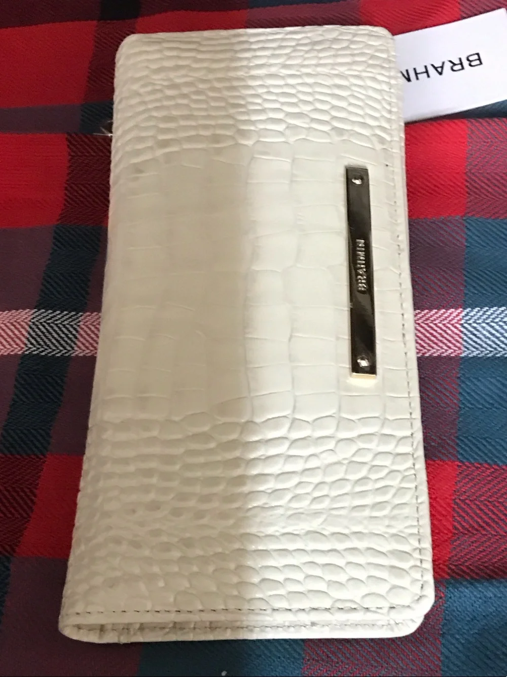 Brahmin White Croc-Embossed Foldover Clutch with Gold Plate
